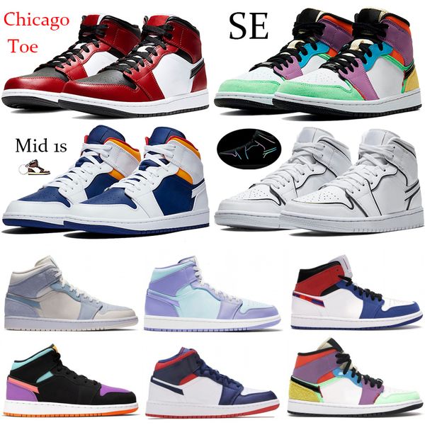 

mid chicago toe jumpman 1 1s basketball shoes royal blue laser orange se multi-color triple white reflective gym red running sneaerks shoes, Black
