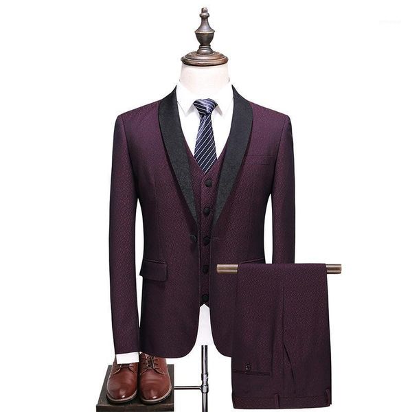 

brand men suit 2021 wedding suits for men shawl collar slim fit burgundy suit mens red tuxedo jacket+pants+vest1, White;black