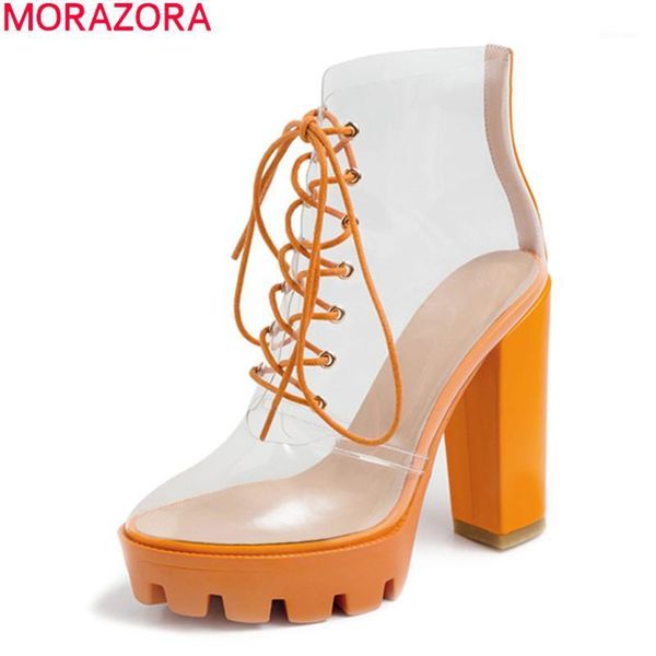 

boots morazora big size 34-41 2021 summer fashion transparent high heels shoes lace up platform ankle for woman1, Black
