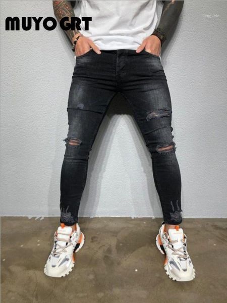 

muyogrt men cool designer brand black jeans skinny ripped destroyed stretch slim fit hop hop pants with holes for mens1, Blue