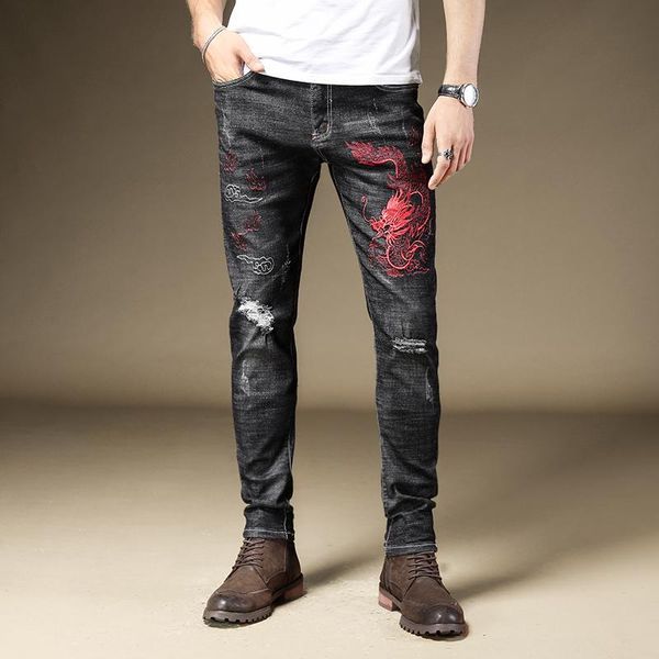 

men black ripped jeans chinese dragon embroidery straight pants slim fit causal streetwear denim trousers, Blue