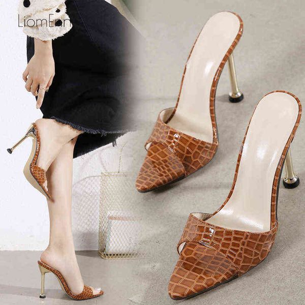 

slippers summer women thin high heels for sandals pointed toe slides ladies strappy party dress shoes 220308, Black