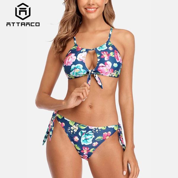 

attraco women bikini set cross front bikini bandages swimwear flower printed push up swimsuit1, White;black