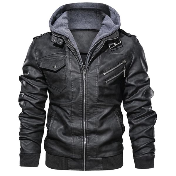 

veste cuir homme leather jackets men autumn winter casual hooded coats mens motorcycle biker leather jacket 4xl jaqueta couro 201223, Black