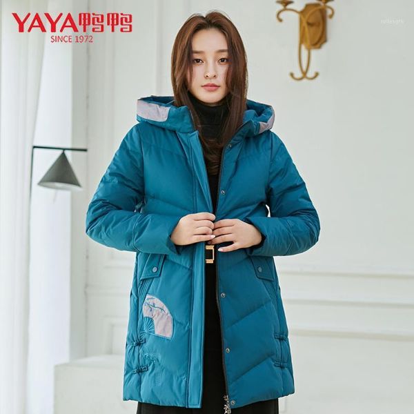 

yaya 2020 autumn winter women striped hooded down jacket long sleeve straight female down coat1, Black