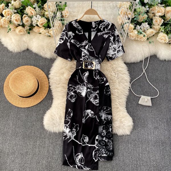 

2021 new singiny retro impression irregular short-sleeve strips thin summer splice lace dress 722p, Black;gray