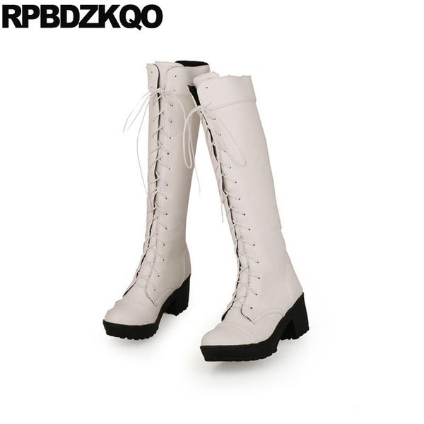 

slim chunky equestrian high heel big size plus waterproof winter boots women 10 white shoes knee platform riding lace up, Black