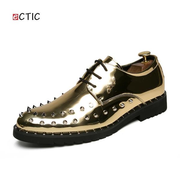 

ectic luxury men spike studs rivet shoes leisure oxford brogue shoes formal man party shiny punk style zapatos hombre, Black