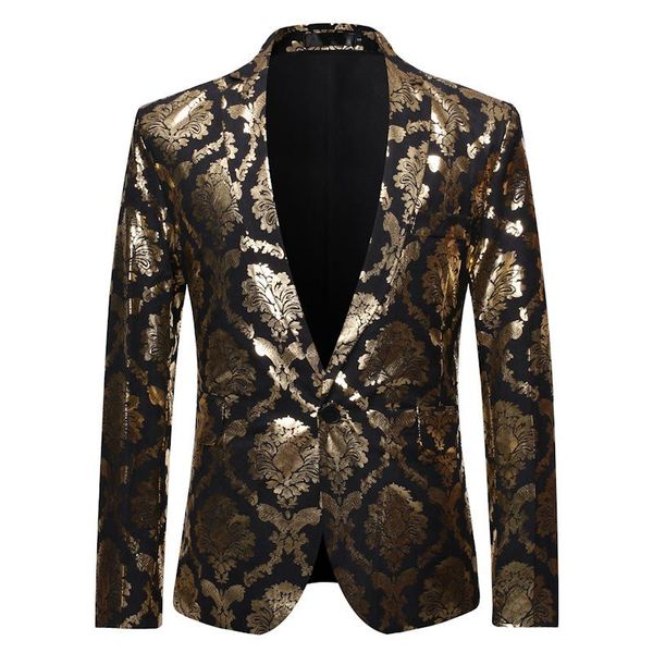 

mens gold floral foil print suit blazer jacket men slim fit one button nightclub tuxedo party stage singers clothes, White;black