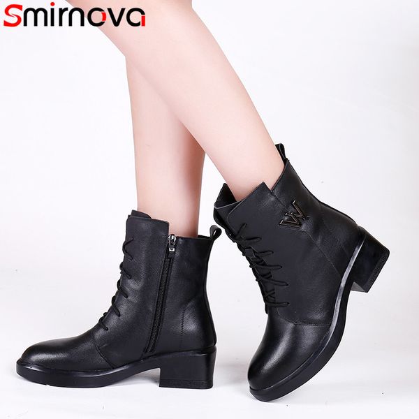 

smirnova fashion new genuine leather boots round toe ladies ankle boots square heels winter keep warm wool snow, Black