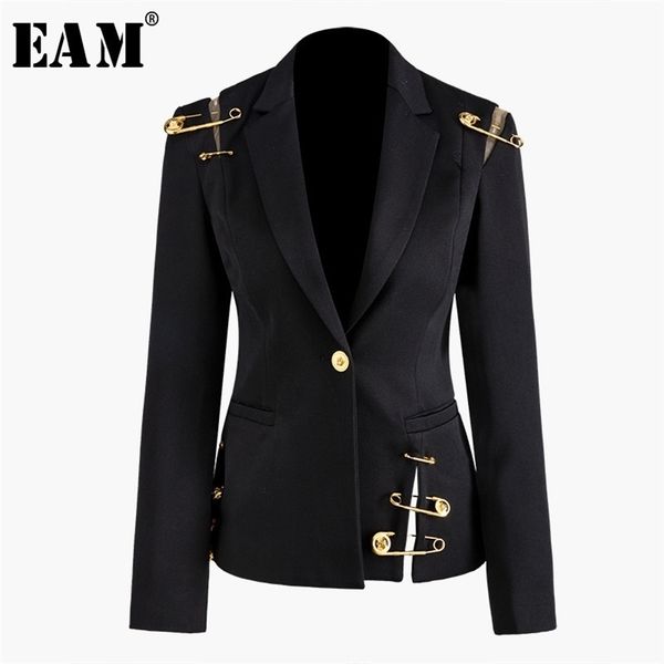 

[eam] loose fit black hollow out pin spliced jacket new lapel long sleeve women coat fashion tide spring autumn 2020 lj201021, Black;brown