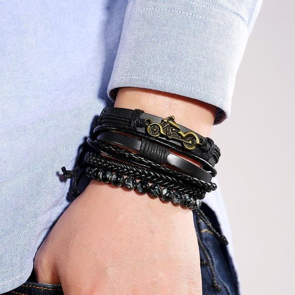 

black leather bronze motorcycle handmade weave leather bracelet charm natural stone beads men bracelets homme male qylkvo