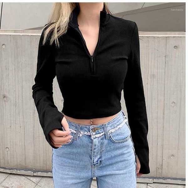

women's fashion zipper half high collar yoga thumb button t-shirt fitness long sleeve outdoor running lapel solid color pullover1, White;red