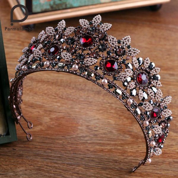 

parmalambe vintage baroque royal crown queen pearls tufted with large crystal wedding hair accessory with red crystal rhinestone, Golden;silver