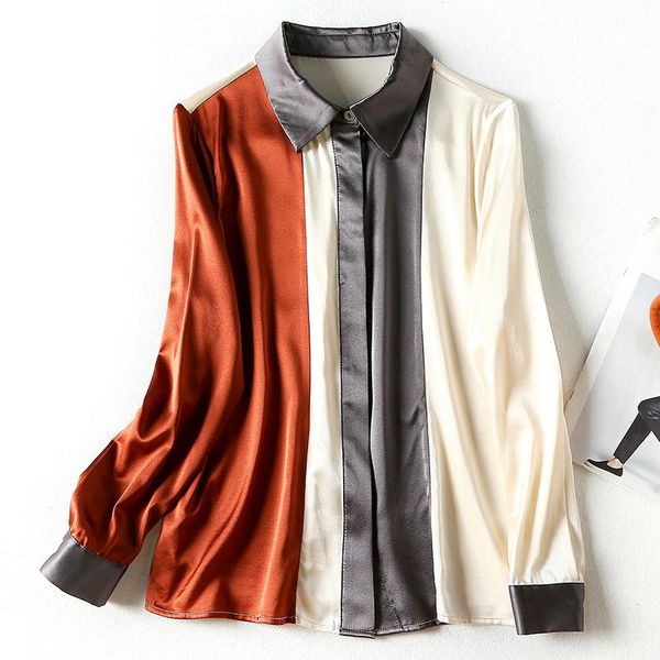 

women's blouses & shirts real silk women casual shirt elegant fashion turn-down collar long sleeve patchwork natural lady satin blouse, White