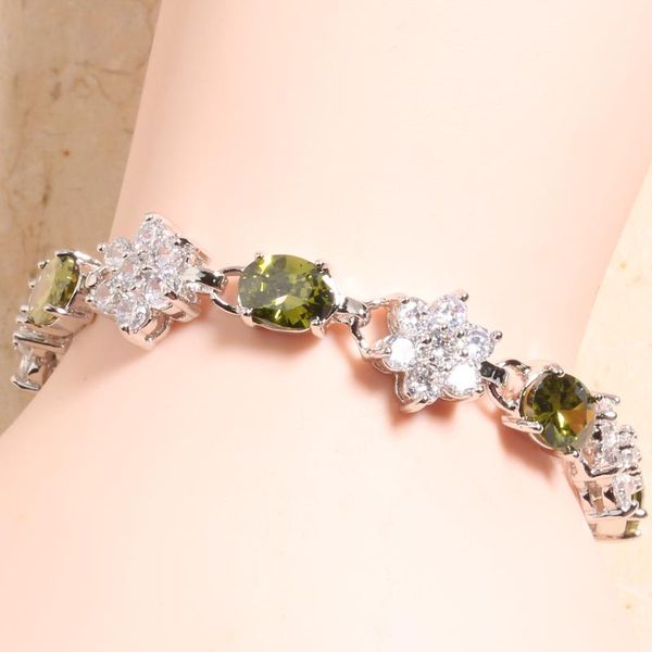 

green peridot white zircon silver plated argent link chain bracelet 6 7 inch l10082, Black