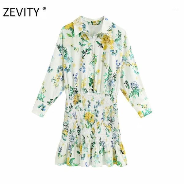 

zevity women fashion flower print patchwork hem elastic ruffles mini dress lady three quarter sleeve vestido slim dresses ds42651, Black;gray