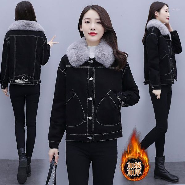 

plus velvet with thick cotton-padded clothes woman little han edition cowboy short cotton-padded jacket lambs wool coat1, Black