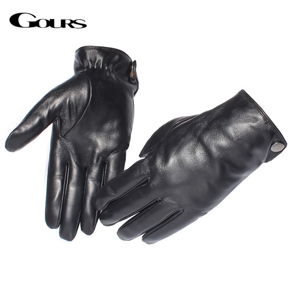 

gours men' genuine leather gloves fashion brand real sheepskin black touch screen gloves button winter warm mittens new gsm051, Blue;gray