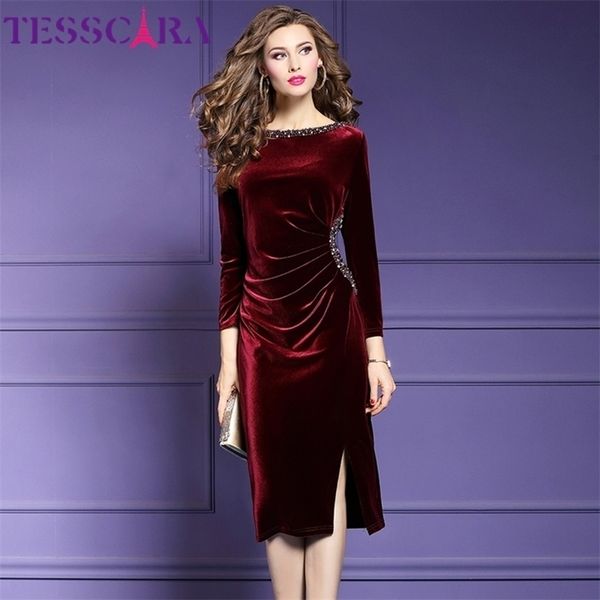

tesscara women autumn & winter elegant beading even parti dress festa female party robe designer velvet vestidos 201126, Black;gray