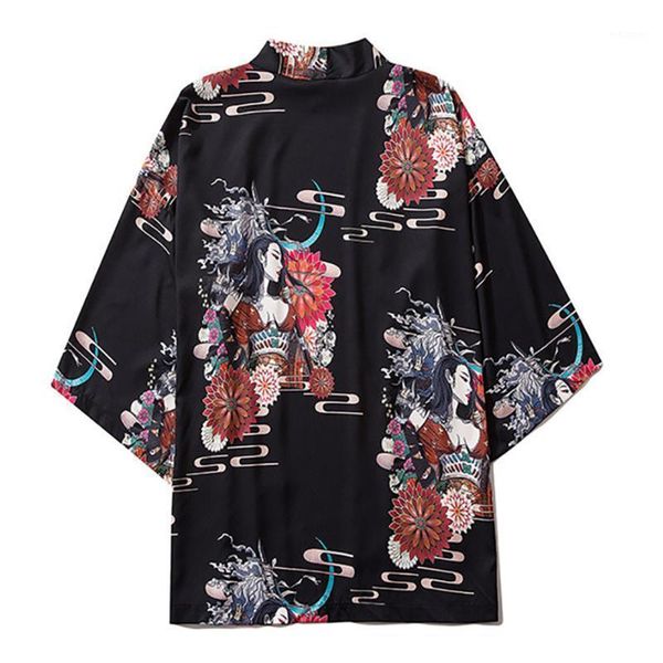 

kimono jackets japanese geisha printed 2020 men harajuku streetwear casual thin gown japan style loose size shirts1, White;black
