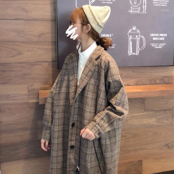 

2019 new autumn winter vintage wide waisted long wool blends coat women loose oversize plaid jacket thick plus size overcoat 8381, Black