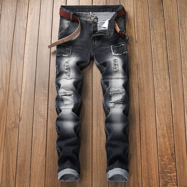 

vogue мужского эластичного ripped узких байкеров джинсы разрушаемой тесьма slim fit denim брюки, Blue