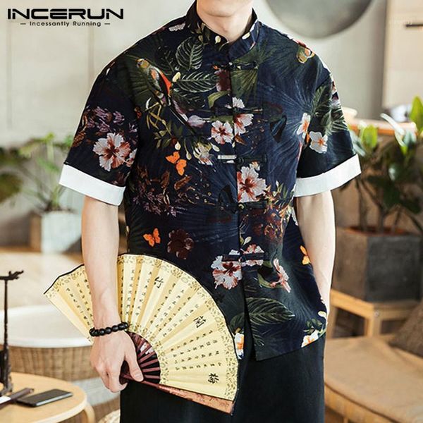 

men's casual shirts incerun men floral print half sleeve collar shirt fashion trend harajuku baggy cotton mens button down blouse stree, White;black