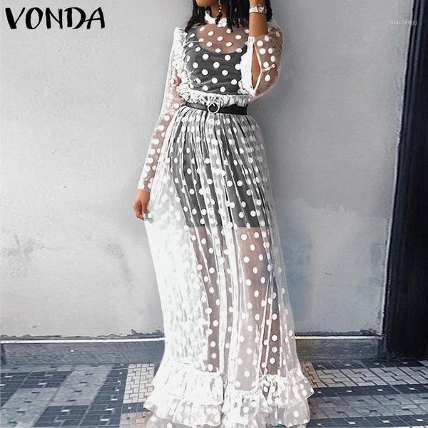 

vonda holiday lace dress bohemian women vintage dot print hollow floor-length dress 2020 party vestido robe femme plus size1, Black;gray