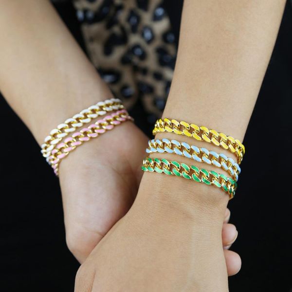 

charm bracelets iced out women hip hop cuban chain bracelet bangle with yellow pink green blue enamel rainbow wedding party jewelry, Golden;silver