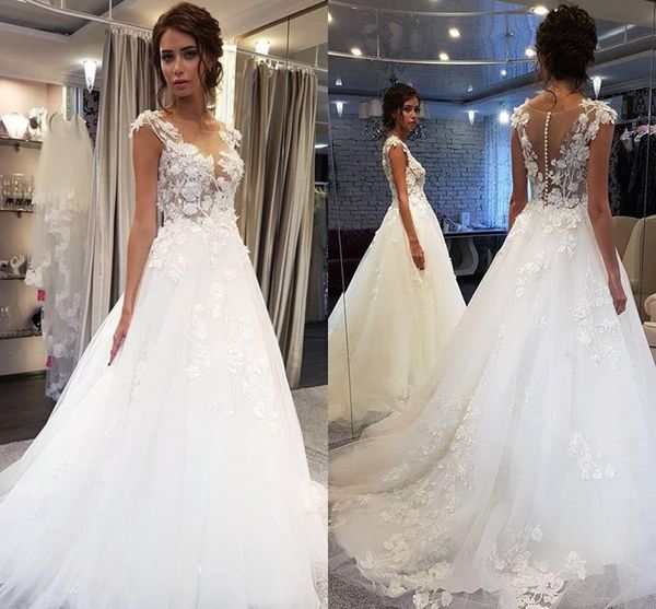 

vintage 3d floral lace appliques boho wedding dresses sheer neck cap sleeves a line bridal gowns sweep train tulle vestidos de novia al7179, White