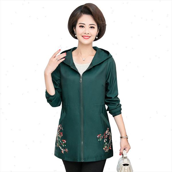 

women jacket coats autumn windbreaker female large size hooded embroidery flower coat elegant casual outwear mother clothes 5xl, Tan;black
