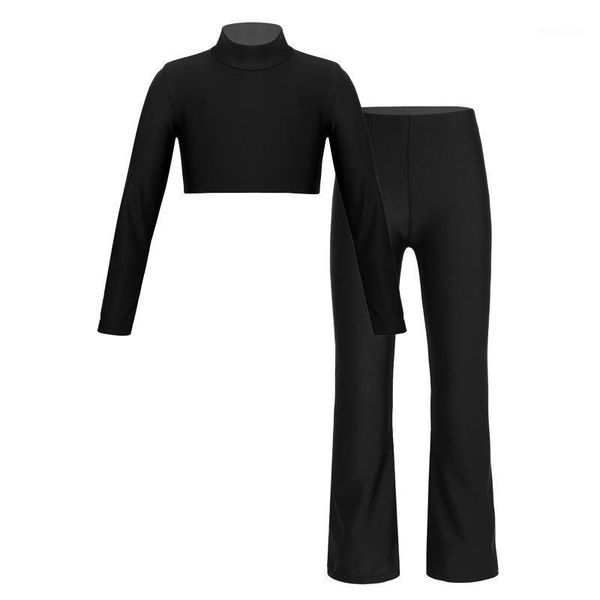 

yizyif girls dance costume 2pc suit long sleeve crop shirt soft casual pants for kids jazz yoga ballroom dancing clothe1, Black;blue