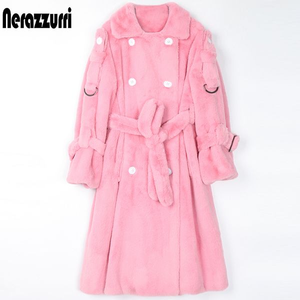

nerazzurri long warm fluffy faux fur trench coat for women double breasted pink white green plus size winter fashion belt 201031, Black