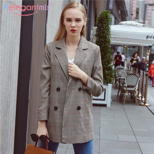 

aelegantmis new classic houndstooth women blazers casual notched double breasted long blazer jacket office lady coats 201102, White;black
