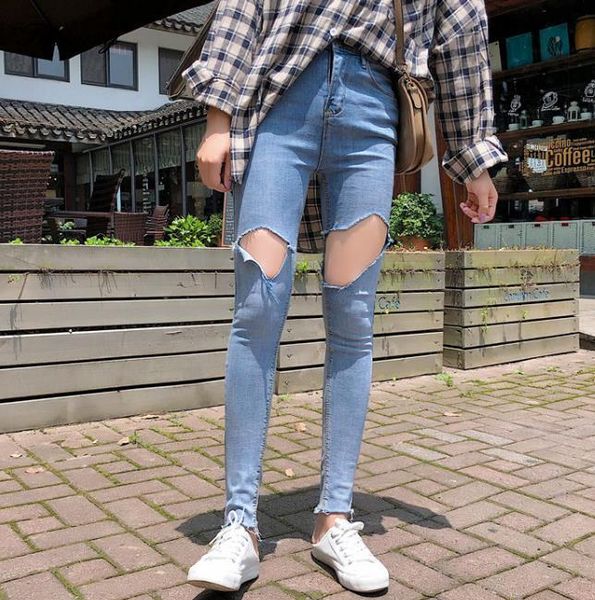 

women's jeans hole blue women boyfriend denim vintage high elastic waist casual pants female slim pencil pant plus size trousers
