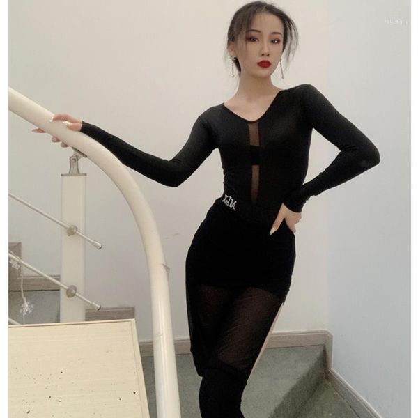 

latin costume set dancing long sleeves latin dance skirts female training clothes ballroom tap dance dress bi9431, Black;red