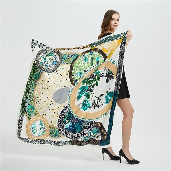

new silk scarf women large shawls stoles print square scarves 130*130cm echarpes foulards femme wrap bandanas y201007, Blue;gray