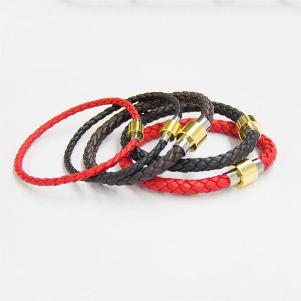 

charm bracelets woven adjustable diy beading bracelet genuine leather titanium steel metal clasp, Golden;silver