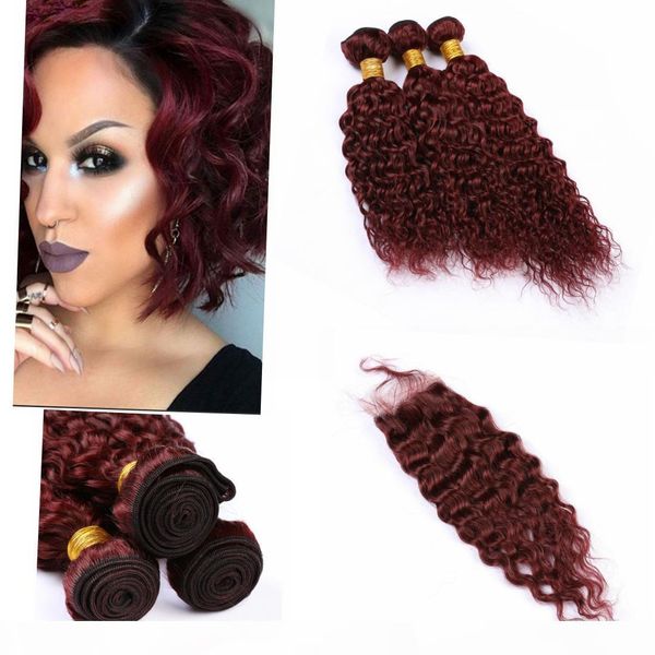 

8a human hair bundles with closure water wavy #99j color 4x4 closure 8a bundles with closure, Black;brown