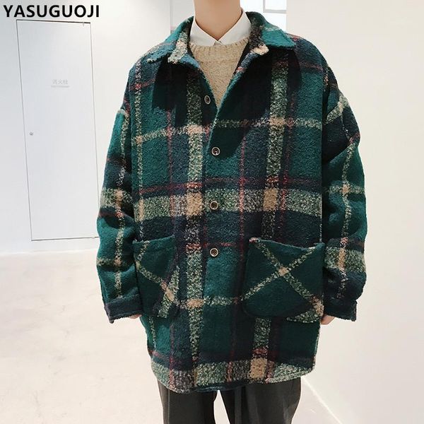 

yasuguoji new 2018 fashion chic oversize single breasted plaid loose long coat men outwear thick winter wollen coat men ndy161, Black