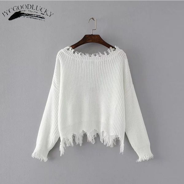 

new fashion pullover ripped hole sweaters loose jumper casual white sweater women knitting sweaters pull long sleev y200116, White;black