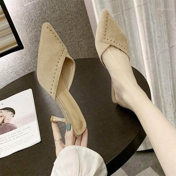 

slippers ladies pointed toe 2021 women flock elegant slides woman high heels thin female spring footwear women's shoes1, Black