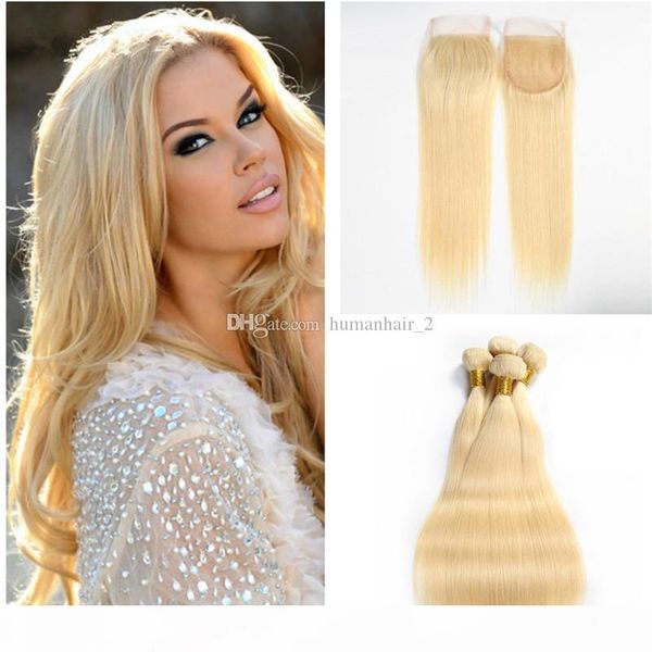 

silk straight blonde hair bundles with lace closure #613 bleached blonde virgin brazilian hair 3bundles with 4*4 lace closure part, Black;brown