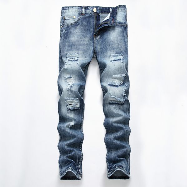 

men's light blue ripped straight jeans slim fit vintage cotton cowboys trousers casual distressed wash denim pants