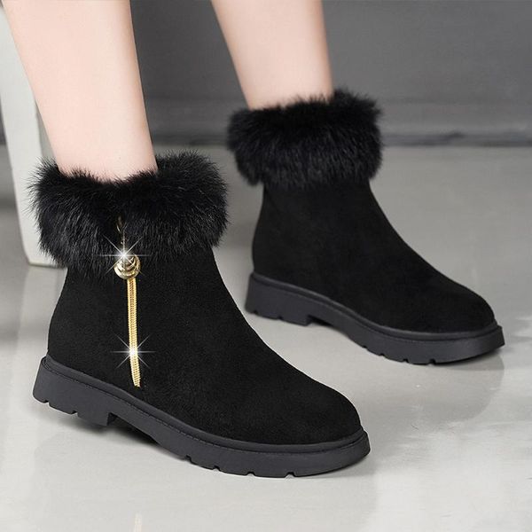 

boots fashion women suede with warm fur plush square heel zipper shoes woman keep snow round toe boot casual, Black
