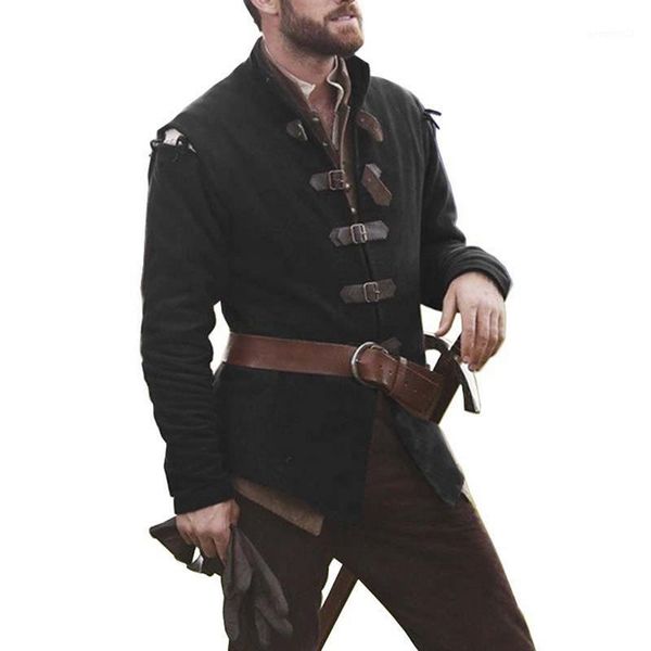 

men's trench coats vogue medieval knight warrior cosplay costume solid color collar leather buckle jacket men long sleeve nice1, Tan;black