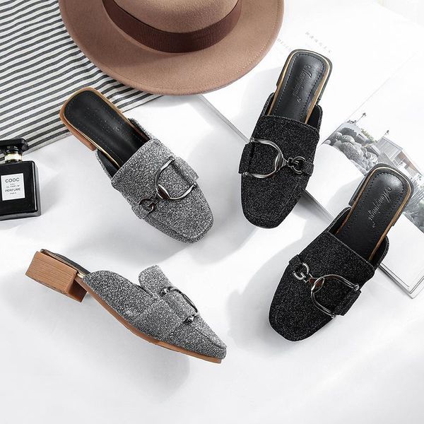 

slippers women big size chunky heel mules square toe low heels slides metal decoration shoes gray black casual sandalias mujer1