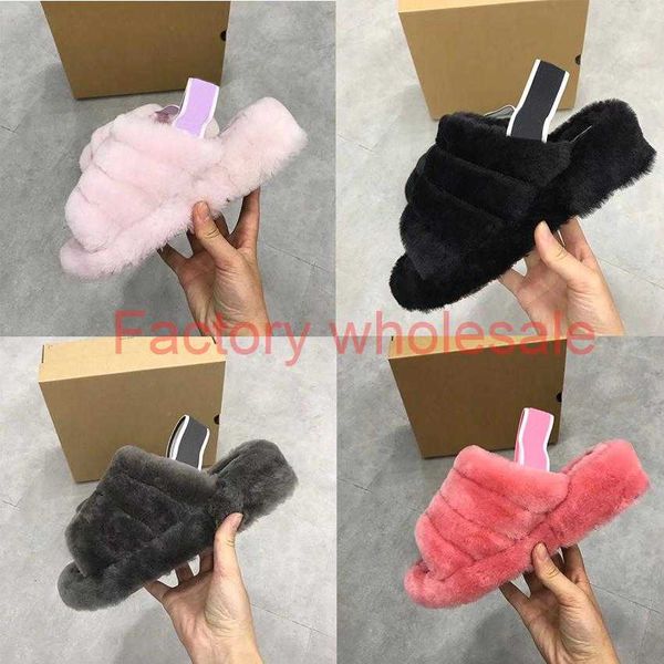 

real wool women fur slipper slides pantoufle sandals fashion women's home fur yeah slide pantoufle furry slippers slipper slides flip f, Black