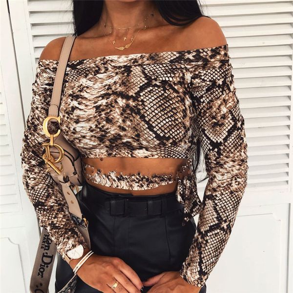 

summer women ladies snake skin print off shoulder long sleeve short shirts spring autumn female skinny crop blusa